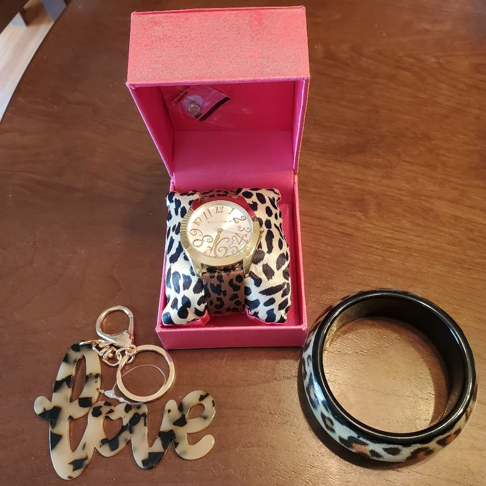 Betsey Johnson Gold Tone & Leopard Band Watch